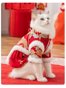Detail of red Chinese style cat dress with golden floral embroidery and white fur trim