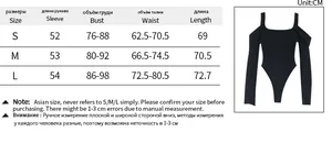 Size chart detail for the slim fit V-neck off-shoulder long sleeve bodysuit in black