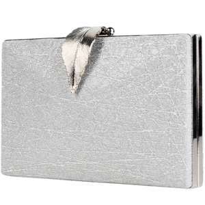 Silver evening clutch bag with ice crack texture and metallic leaf-shaped clasp decoration