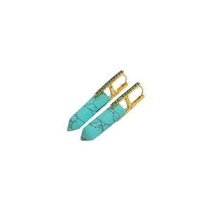 Elegant gold earrings featuring hexagonal turquoise pendants and sparkling green zircons
