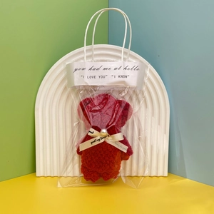 Detail of red coral fleece bear towel in clear gift bag with you had me at hello text