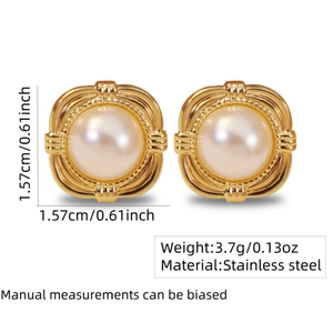 Elegant square gold stainless steel earrings with textured frame and central pearl