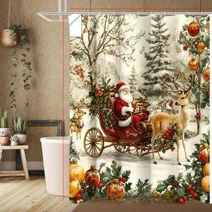 Detailansicht Duschvorhang mit 3D-Weihnachtsmotiv, Weihnachtsmann und Rentier im Retro-Stil