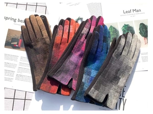 Detail showing five color variants of winter checkered gloves with touchscreen fingertips