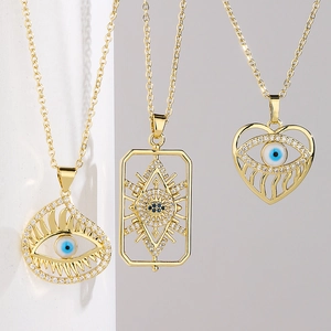 Evil Eye Pendant Necklace For Women Copper 18K Gold Plated Hollow Heart Teardrop Geometric Zircon Enamel Jewelry Gift