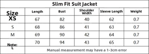 Tableau des tailles pour blazer ajusté femme montrant les mesures de XS à L