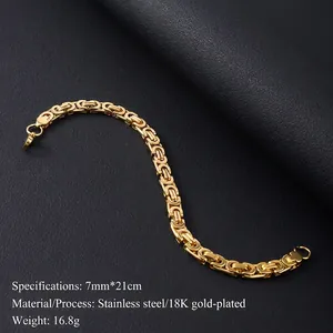 Detailed 7mm 18K gold-plated stainless steel Byzantine chain bracelet on black background