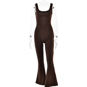 Detailed front view of brown sleeveless backless bodysuit with flared legging style