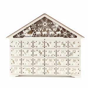 Wooden house-shaped 24-day advent calendar with reindeer and Santa Claus cutouts