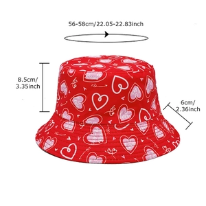 Red sun bucket hat with love heart patterns and kisses text print for adults