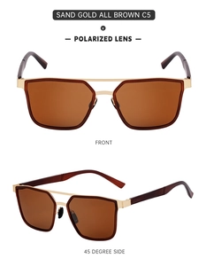 Detailed front and 45-degree views of sand gold polarized sunglasses with brown lenses