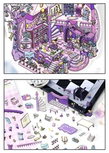 Detail of purple magic house DIY stickers with stairs and spell bottles for scrapbooking