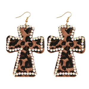 Leopard print cross earrings with sparkling rhinestones and golden hooks for women