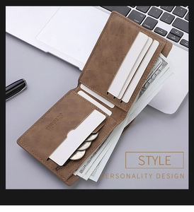 Brown vintage bi-fold men's wallet with multi-card slots and metal zipper coin pocket