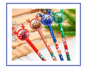 Detail of Christmas reindeer pens with colorful sequins and liquid quicksand effect