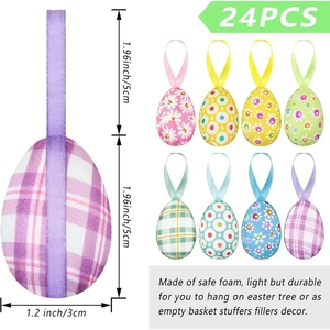 24Pcs assorted Easter eggs with plaid and floral patterns on hanging foam ornaments