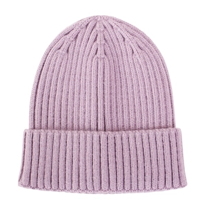 Close-up of the lilac rib-knit texture and folded cuff on this baby winter beanie hat