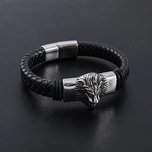 Men's hip hop bracelet with silver lion head and black braided leather strap