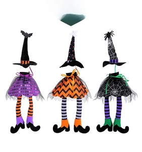 Detailed trio of Halloween witch hat bottle covers with tulle skirts and striped legs