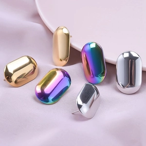Polished stainless steel oval earrings in gold, silver, and iridescent rainbow finishes