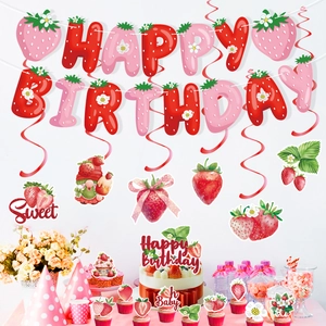 Strawberry Theme Birthday Party Decorations Paper Banner Hanging Swirls Cake Toppers Sweet Oh Baby Cute Decor