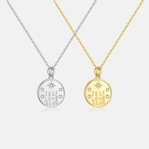 925 Sterling Silver Necklace Round Pendant Self Love Club Lettering Star Cubic Zirconia Retro Simple Jewelry For Women