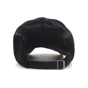 Rear view of black satin baseball cap showing adjustable fabric strap and metal buckle