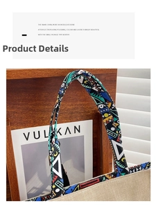 Detail of colorful geometric patterned handles on beige canvas ethnic tote bag