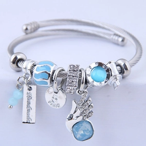 Adjustable stainless steel angel wing charm bracelet with blue opal crystal beads