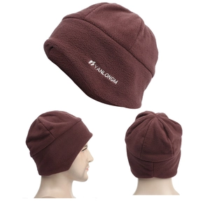 Detailed close-up of dark brown fleece winter hat with high-density thermal fabric embroidery
