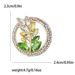 Vintage golden wheat wreath brooch with green and clear rhinestones for women