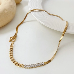 Gold-tone stainless steel snake chain necklace with zircon inlay and OT clasp