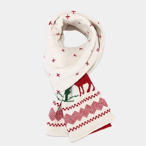 Detail of Christmas knitted scarf with red reindeer and green tree patterns