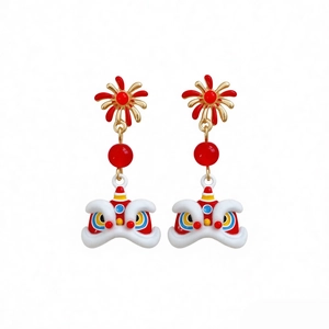 Red enamel lion dance pearl earrings with silver needles and festive golden accents
