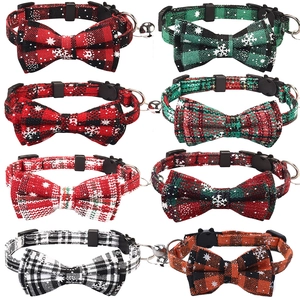 Christmas Cat Collar With Bell And Bowknot Checkered Cotton Polyester Adjustable Breakaway Safety Buckle For Small Dogs