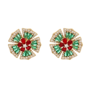 Baroque floral drop earrings with red and green gemstones in gold setting