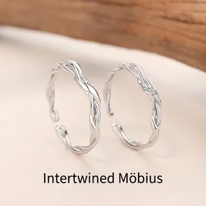 925 Sterling Silver Mobius Twisted Open Ring For Couples Adjustable Rhinestone Minimalist Design Jewelry Gift