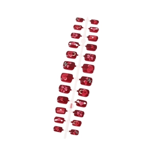 Short square burgundy press-on nails set with pink heart and cherry patterns, 24 pieces