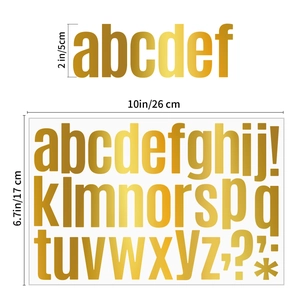 Detailed view of 2-inch gold foil alphabet stickers with size measurements in inches and cm