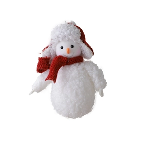 Christmas snowman plush ornament with red winter hat and knitted scarf on white background