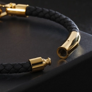 Ethnic style men's six-word mantra bracelet with black leather and gold stainless steel