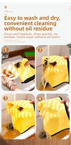 Detailed view of yellow microfiber cloth washing away heavy oil stains under water