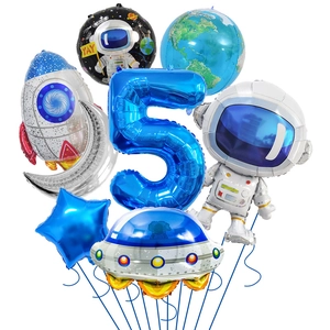 Detailed space balloon set with astronaut, rocket, and blue number 5 for party decor