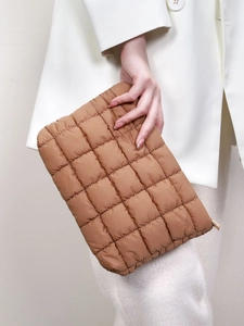 Chic brown quilted clutch bag for women, versatile Korean style puffy cosmetic pouch