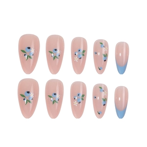 Faux ongles à motifs myrtilles et fleurs avec bordure française bleue amande