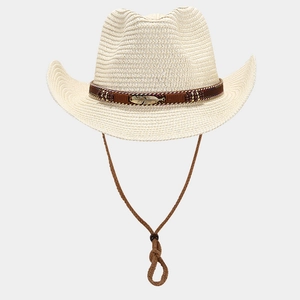 Women's cream straw cowboy sun hat with feather metal charms and adjustable chin strap