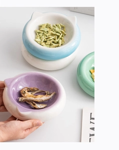 Detail of hand holding a cat-ear ceramic pet bowl in pastel violet with a smooth glaze