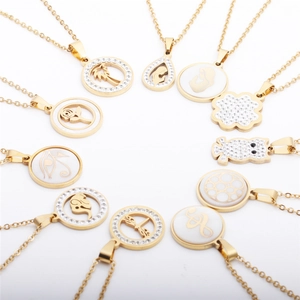 Golden shell zircon pendant necklaces with various tropical and floral motifs set