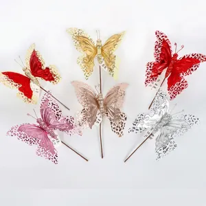 Lake blue Christmas glitter butterflies with leopard print and sparkling gold powder edge