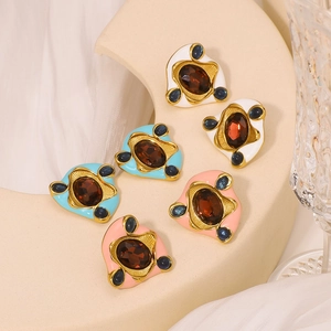 Vintage irregular colorful zircon stud earrings in gold stainless steel for women